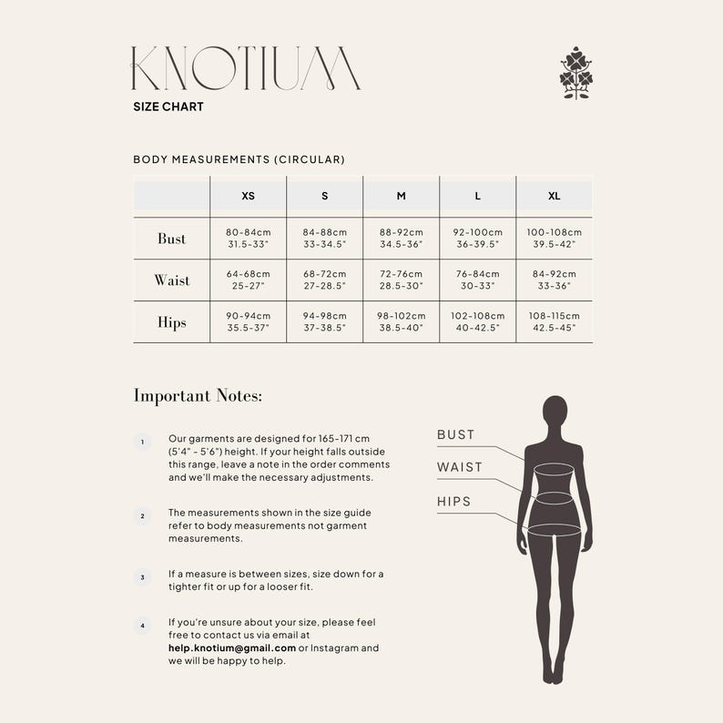 Puede incluir: Tabla de tallas de ropa con medidas de busto, cintura y cadera en cm y pulgadas, de XS a XL. Una silueta ilustra los puntos de medici&oacute;n. Se incluyen notas importantes.