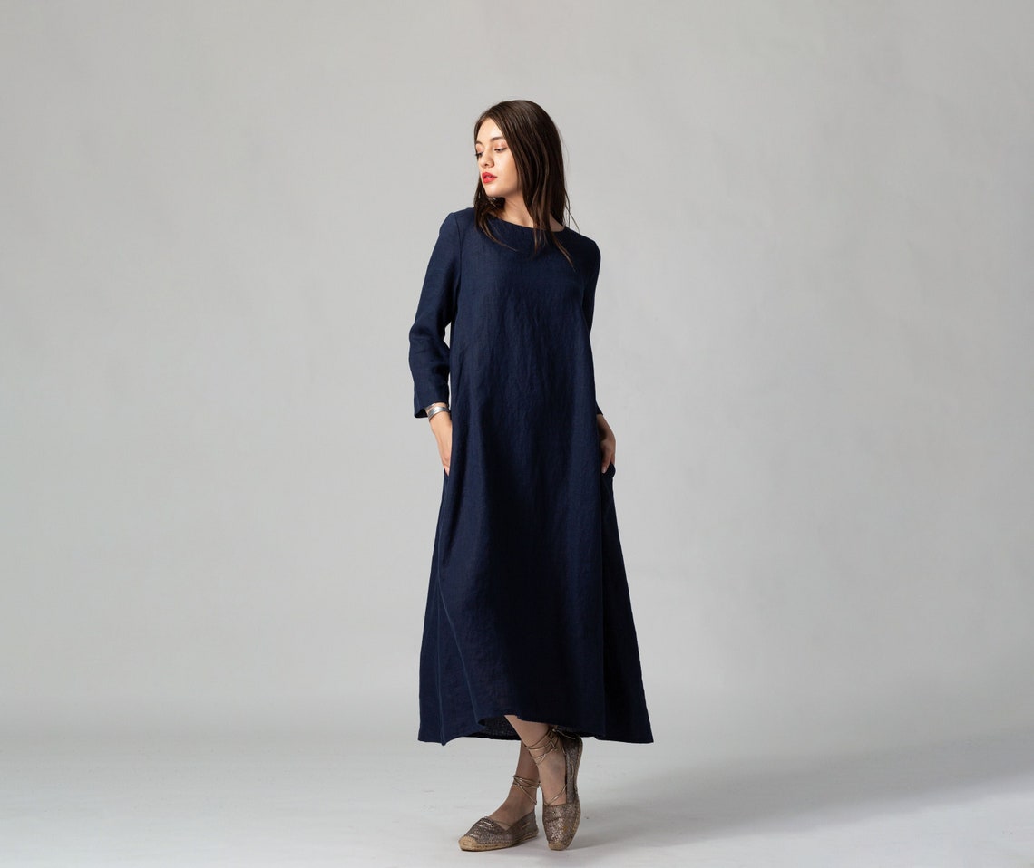 Night Blue Long Linen Dress With Belt Soft Linen Dress - Etsy