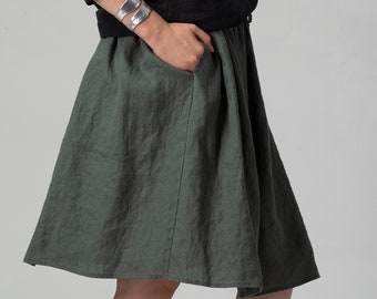 READY TO SHIP  Green Linen Gathered Skirt, Spring Linen Skirt, Wide Midi Linen Skirt, Linen Skirt with Pockets, Linen Clothing Women