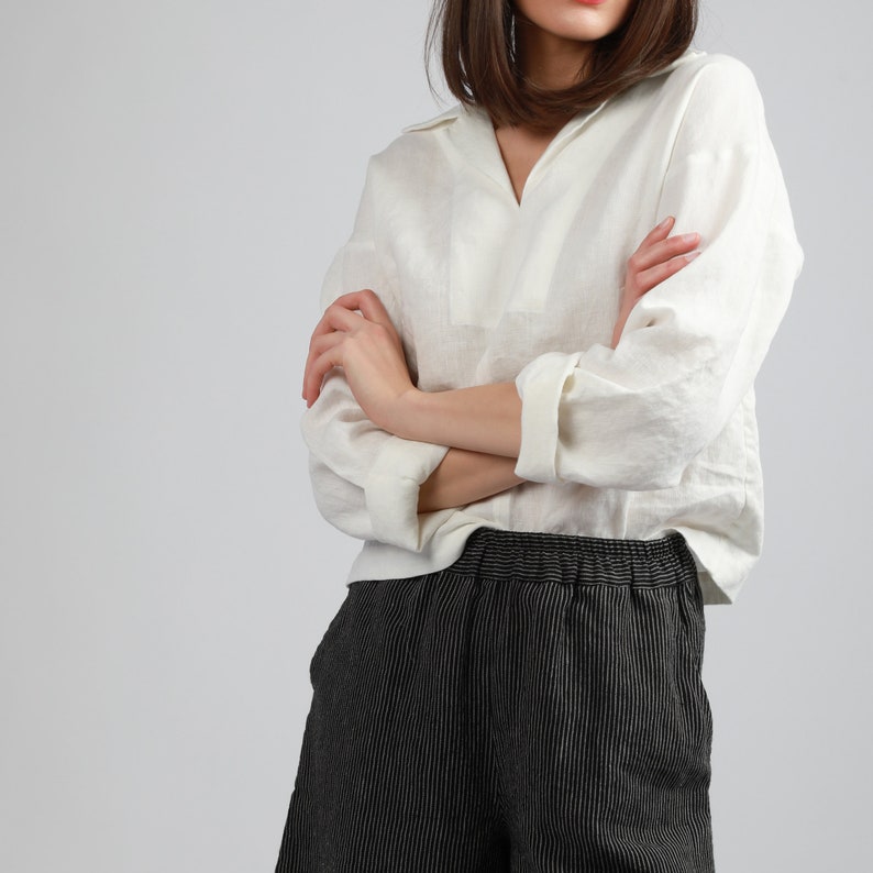 NOVA Relaxed Buttonless Linen Shirt with Split Collar, Boyfriend Linen Shirt, Loose Classic Top for Women, KNOTIUM Fall Linen Clothing image 6