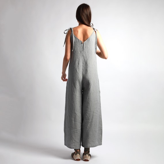 NAOMI Maxi Loose Linen Jumpsuit With Adjustable Tie Straps