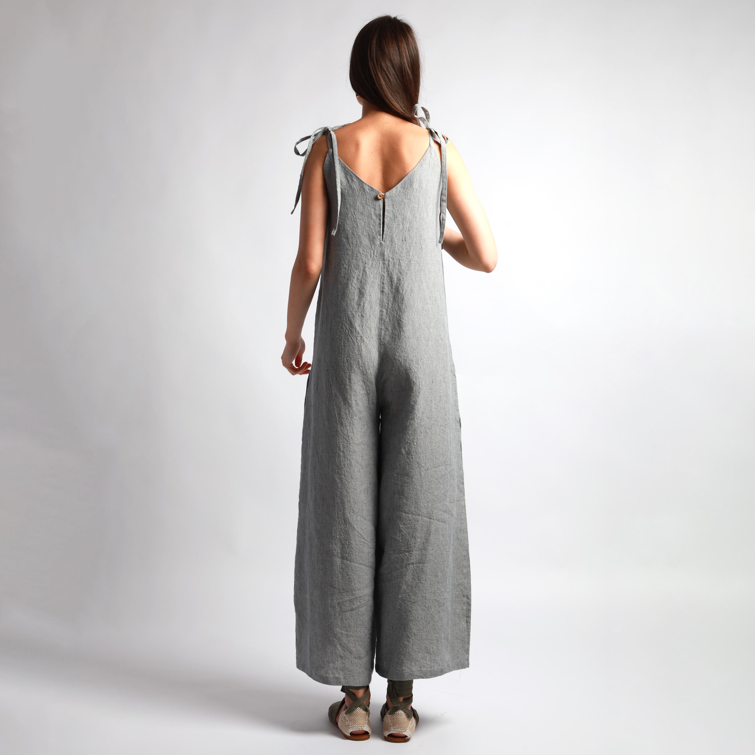 NAOMI Maxi Loose Linen Jumpsuit with Adjustable Tie Straps, Handmade Knotium Linen Clothing
