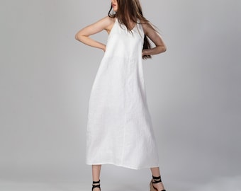 SIERRA Open Back Linen Dress, Racer Back Slip Dress, Linen Wedding Guest Dress, Summer Linen Dress, Linen Sundress, Halter Neck Linen Dress