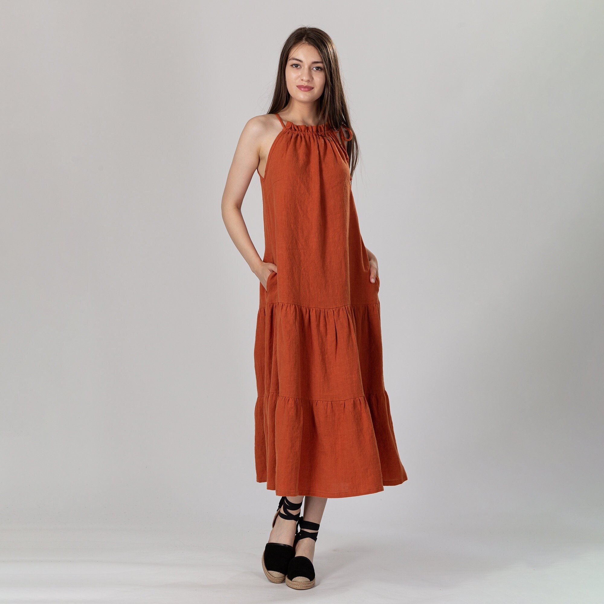 RIO Halter Neck Linen Dress With Ruffles | Summer Linen
