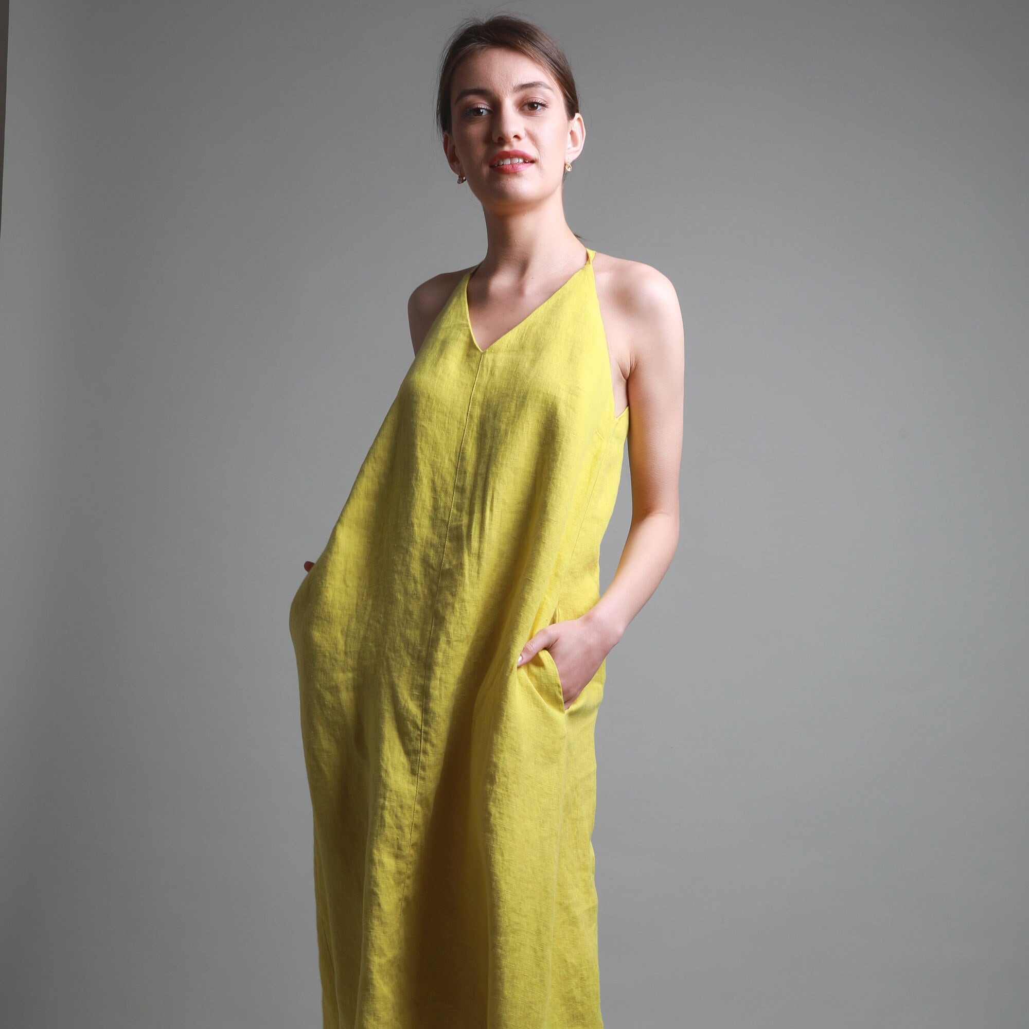 Open Back Linen Midi Dress: Halter Neck Summer Dress with Pockets Open Back Linen Midi Dress: Halter Neck Summer Dress with Pockets