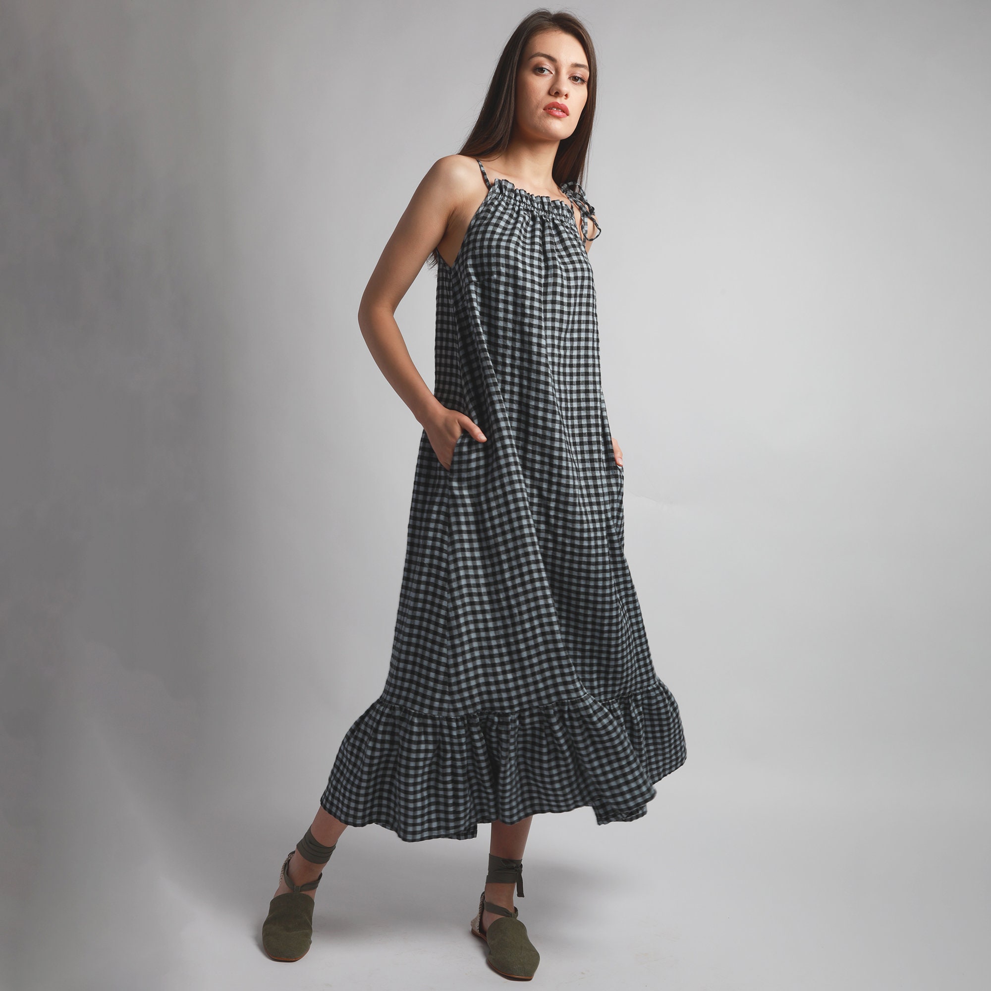 Clover Maxi Halter Linen Dress With Ruffles, Romantic Dress, Knotium Handmade Clothing, Long Flared