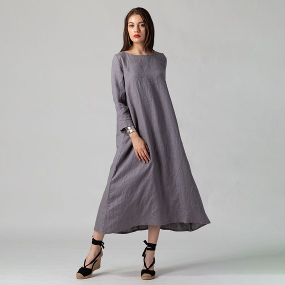 Esme Linen Maxi Dress: Wide A-Line Tunic with Pockets