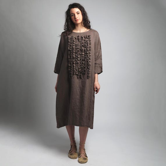 Pom Pom Maxi Dress with Front Ruffles, Loose Linen Dress, Made to Order Jabot Dress