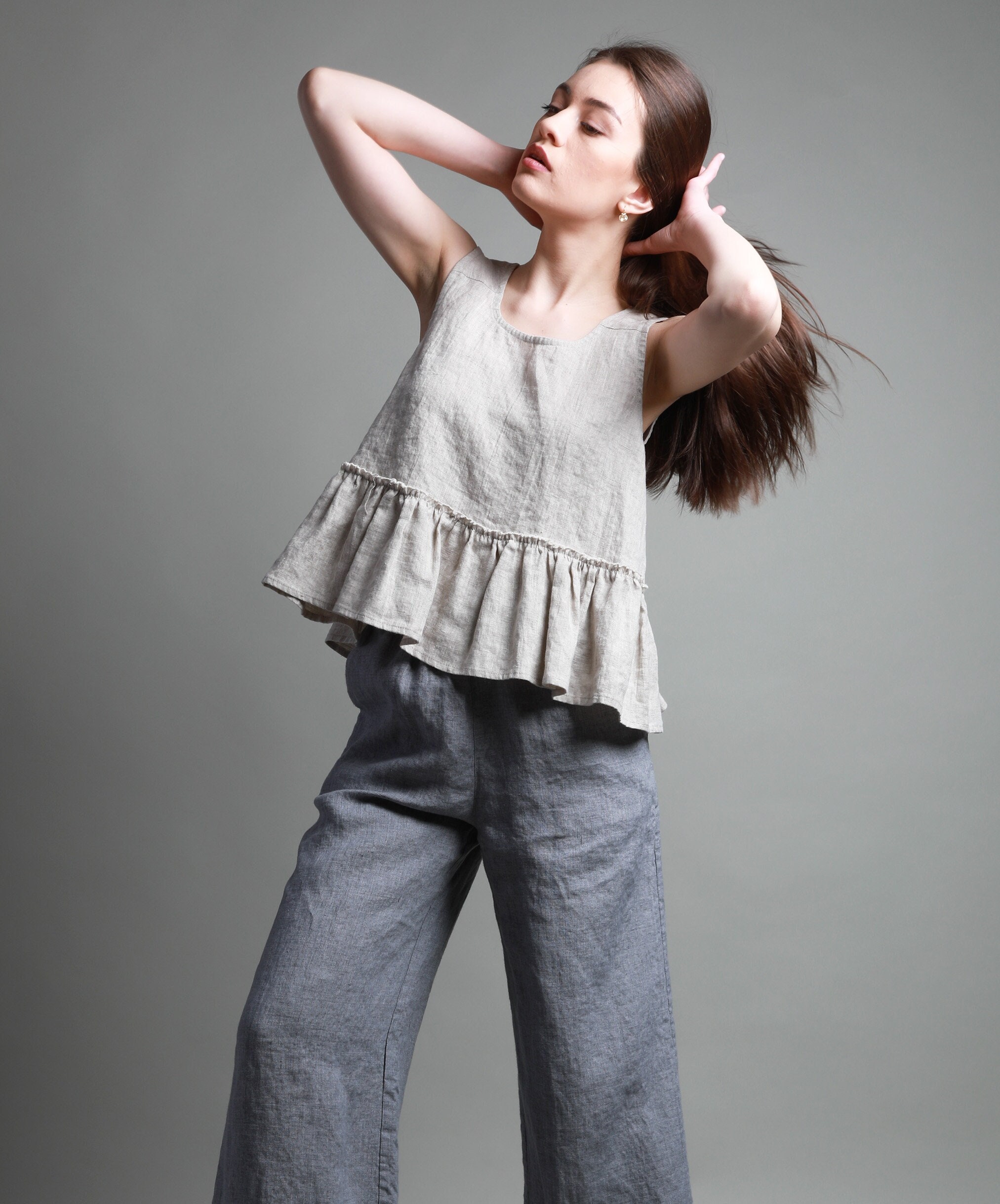 Casual Elegant Sleeveless Ruffle BLOOM Linen Top for Women, Handmade Linen Outfits, Knotium Clothing