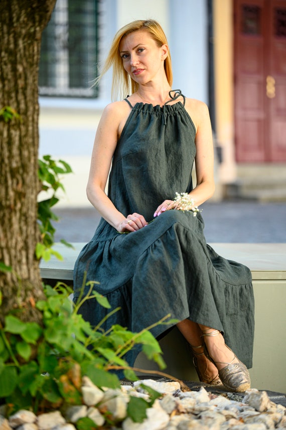 Halter neck linen dress sale