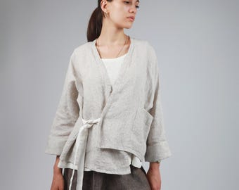 JUNIPER Linen Wrap Jacket, Minimalist Kimono Cardigan with Ties, Drop Shoulder Sleeve Jacket, Knotium Linen Clothing