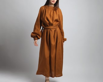 ARIEL Voluminous Maxi Linen Dress with Baloon Sleeves - Made to Order