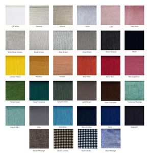 Puede incluir: Una tabla de 36 muestras de tela, cada una con un color y una textura diferentes. Las muestras est&aacute;n dispuestas en una cuadr&iacute;cula de seis filas y seis columnas. Los colores incluyen blanco roto, avena, natural, plata, lila, rosa p&aacute;lido, rayas beige anchas, rayas beige, rayas azules, rayas grises, rayas negras, negro, amarillo lim&oacute;n, mostaza, polvo, rojo ladrillo, rojo baya, pomelo rojo, verde bosque, turquesa oscuro, verde gris&aacute;ceo, marr&oacute;n claro, chocolate negro, mezcla turquesa, menta gris&aacute;cea, gris, azul acero, azul negruzco, azul marino, berenjena, mezcla marr&oacute;n, cuadros marrones, cuadros azules y mezcla azul.
