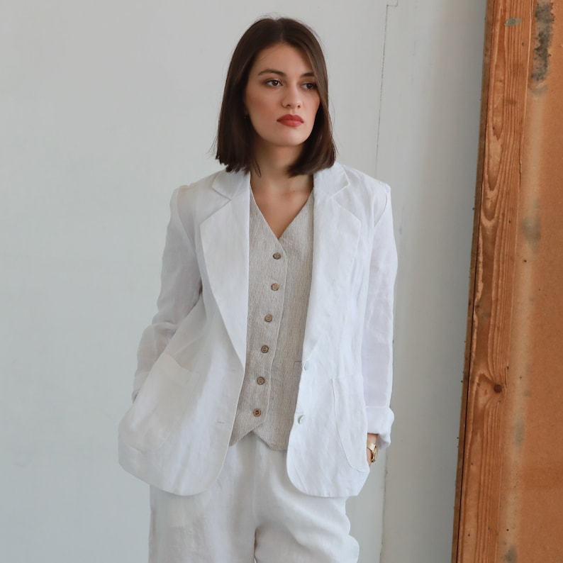 SUNSET Unlined Fitted Silhouette Linen Blazer, No Lining Casual Elegant Linen Jacket for Women, KNOTIUM Linen Clothing image 2