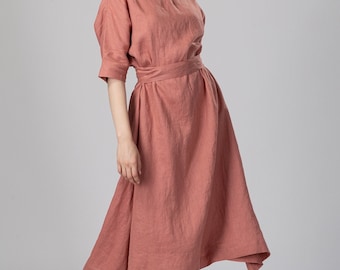 Ready to Ship, Size XS, Grayish Mint - FLOW Loose Linen Dress with Belt: Handmade Flared Midi, Dropped Shoulder Tunic