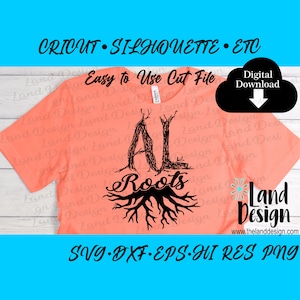 May include: A digital download of a cut file design featuring the letters "AL" with roots growing from the bottom. The letters are stylized to look like trees. The text "Roots" is below the letters. The design is on a pink t-shirt. The text "Land Design" is in the bottom right corner of the image.