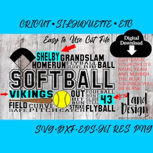 Softball Svg, Word Art, Cricut, Customizable, Silhouette, Vector, Clipart, Easy to Use, Digital Download, Svg, Dxf, Eps, Png, Cut File