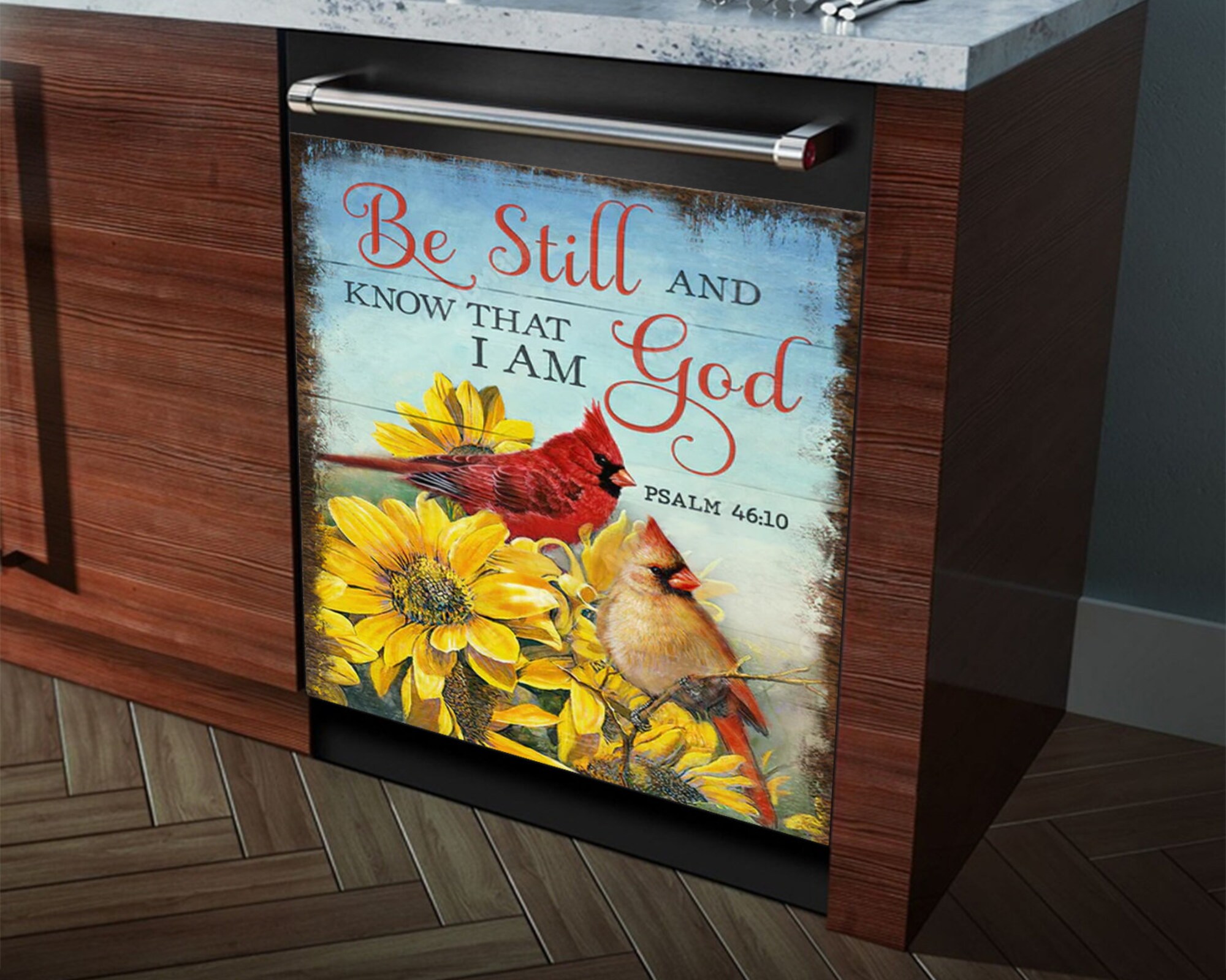 Be still and know that I am God, Dishwasher cover sticker, Sunflower and Cardinal Lover