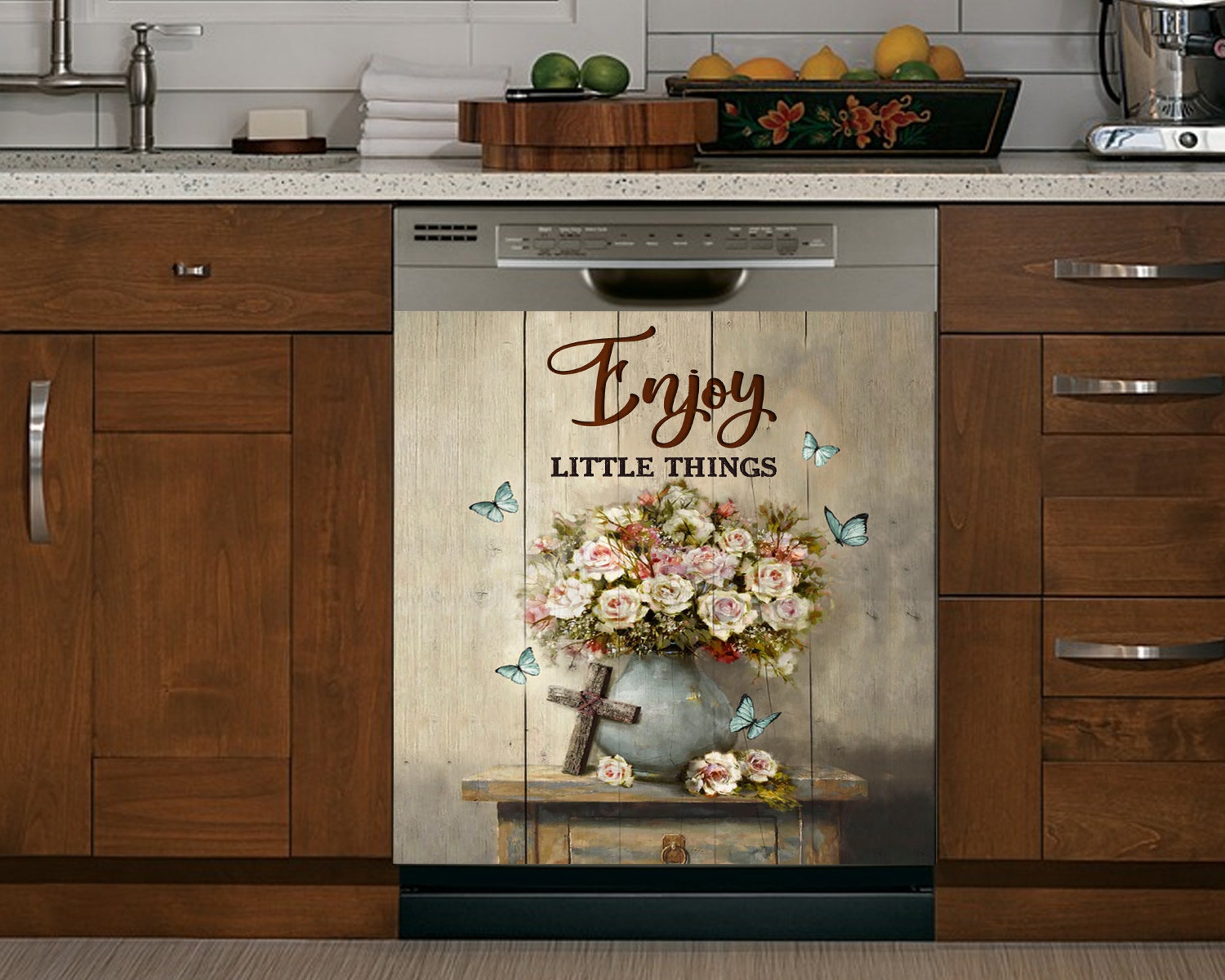 Enjoy little things, Dishwasher cover sticker, Flower and Butterfly lover, sticker, home decor