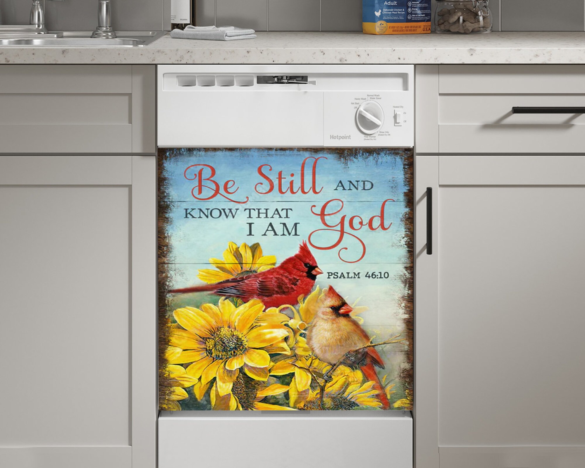 Be still and know that I am God, Dishwasher cover sticker, Sunflower and Cardinal Lover