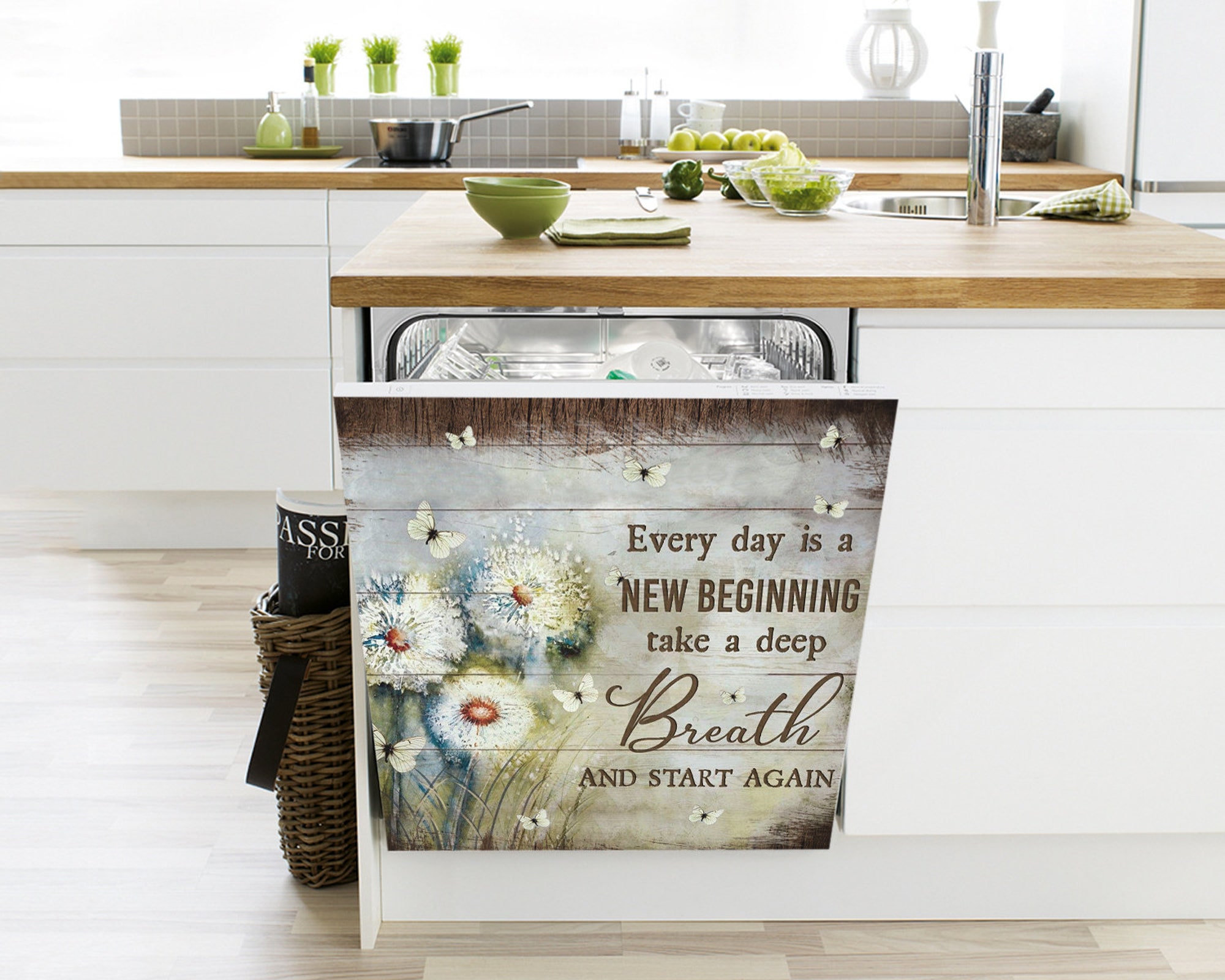 Every day is a new beginning, Dishwasher cover sticker, Dandelion and butterflies lover