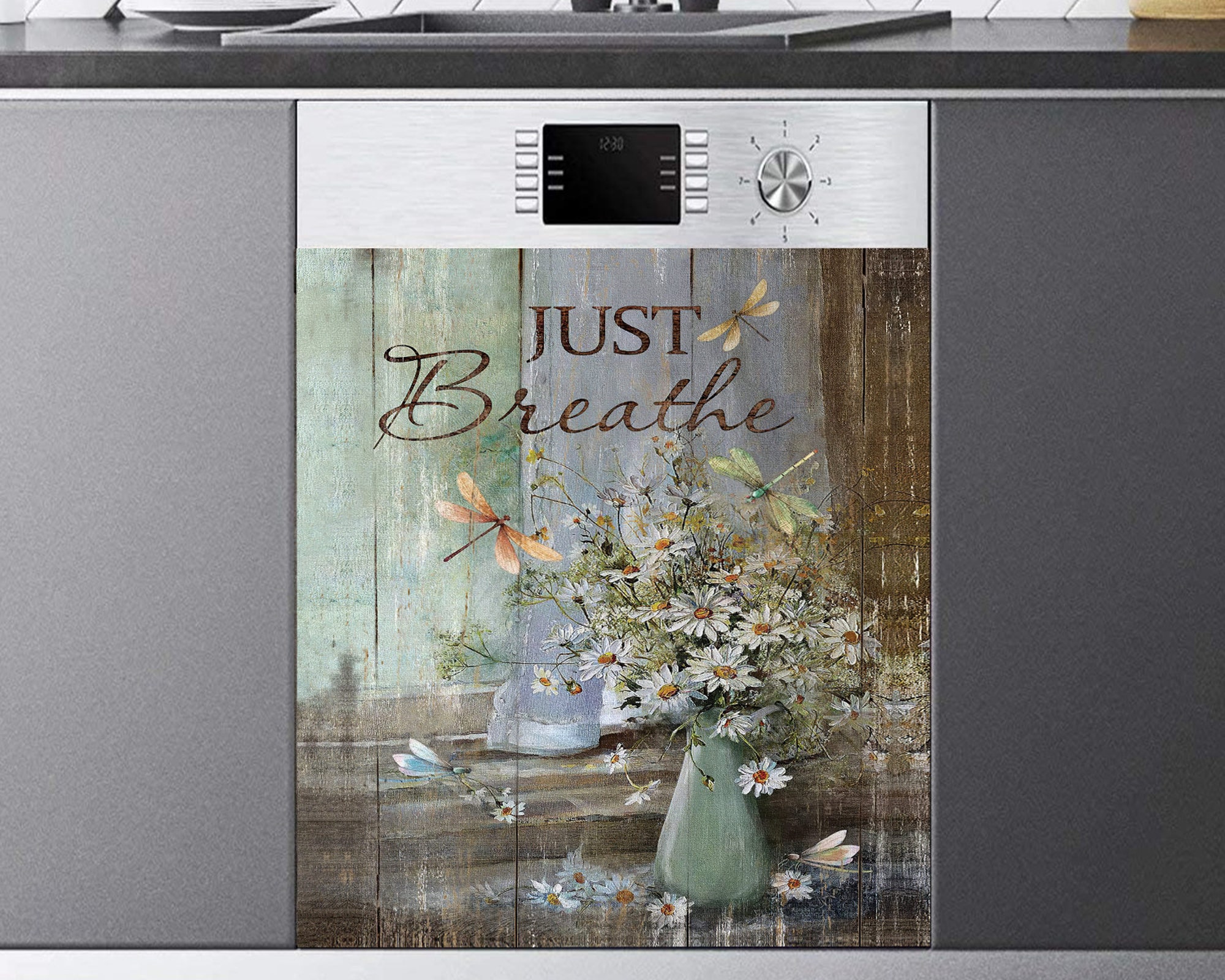 Just breathe -Daisy flower, Kitchen Dishwasher Magnet Cover, Kitchen Decor, Dishwasher cover