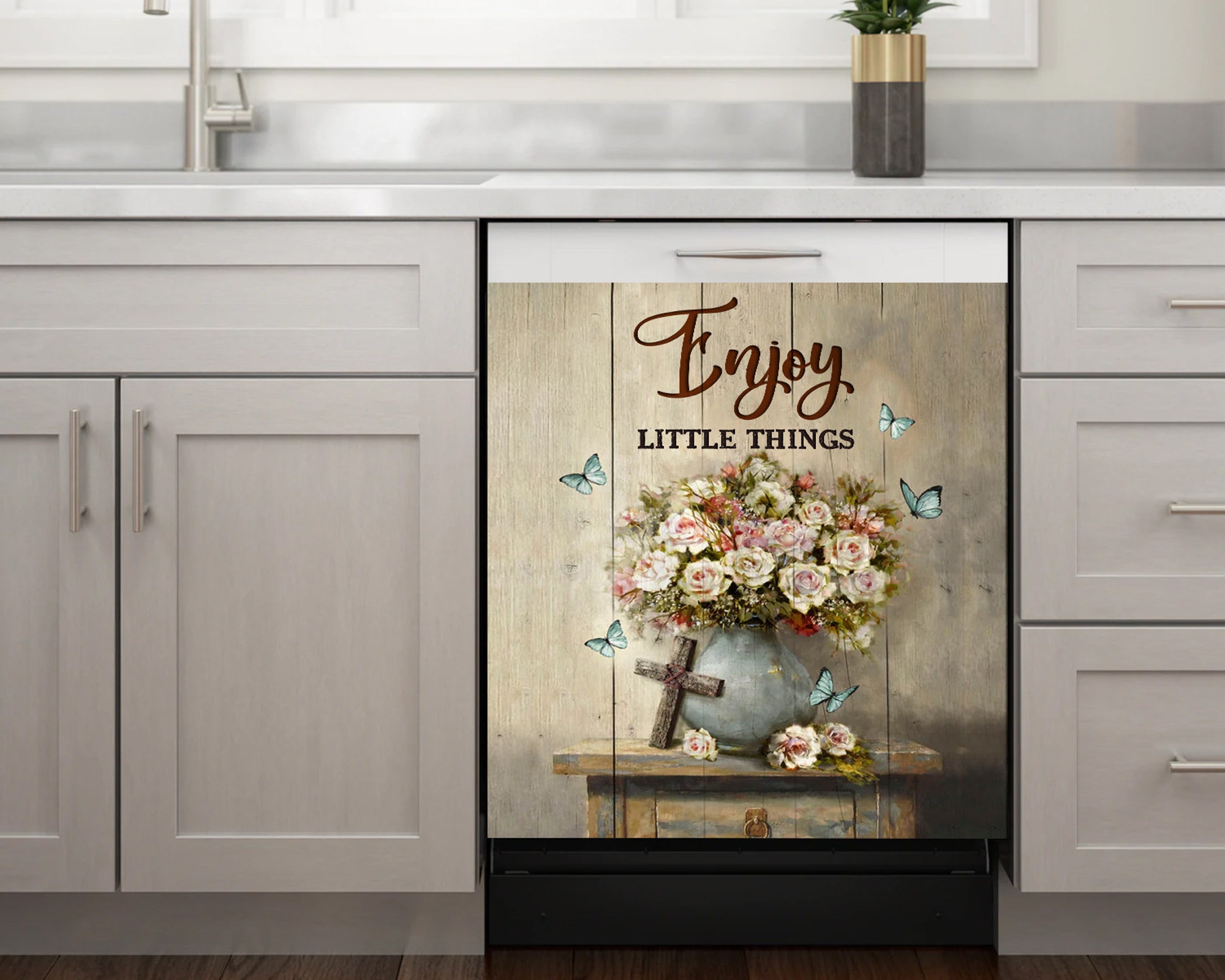 Enjoy little things, Dishwasher cover sticker, Flower and Butterfly lover, sticker, home decor