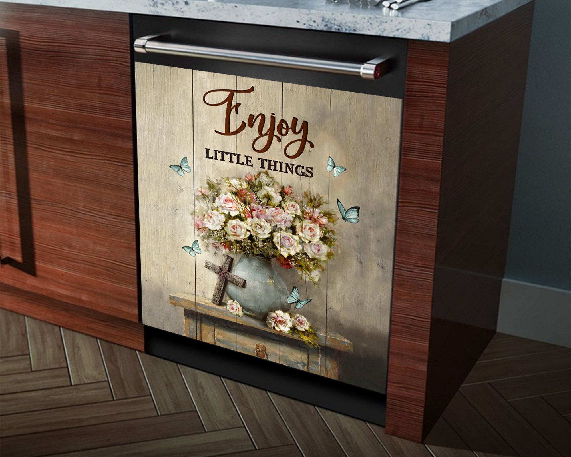 Enjoy little things, Dishwasher cover sticker, Flower and Butterfly lover, sticker, home decor