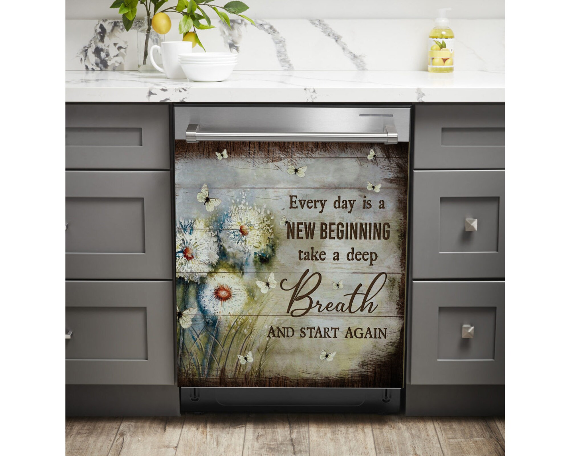 Every day is a new beginning, Dishwasher cover sticker, Dandelion and butterflies lover