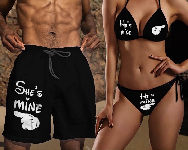 Matching Swimsuits, Swimsuits For Couples, Couple Matching Short Bikini, She's mine Bikini, He's mine Swim Trunks, Gift For Holiday Summer 