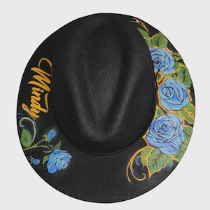 Custom Hand Painted Fedora Hat Black, Gold And Blue Unisex Size M Custom Wool Fedora Hat: Turquoise, Gold Concho & Feathers - Etsy main image 2