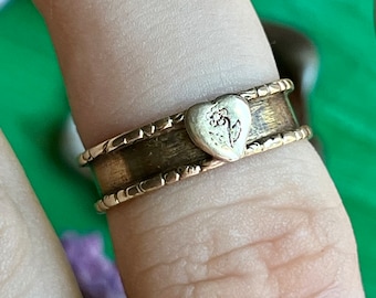 Antique Victorian Gold Band Ring: Forget-Me-Not Heart, Inscribed