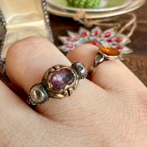 May include: A close-up of two rings. The first ring is gold-toned with a central oval-shaped, purplish-red stone, flanked by two smaller, dark-toned, circular accents. The second ring is gold-toned with an oval, amber-colored stone. The background is blurred.