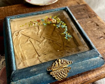 Antique Victorian blue box in fabric with beveled glass and floral motif, antique jewelry box