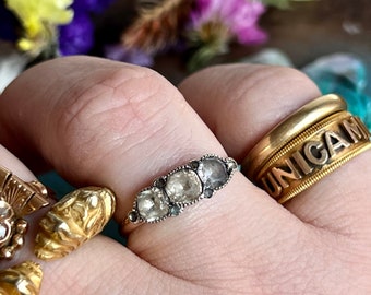 Dainty early Victorian 3 back foiled white paste stones ring