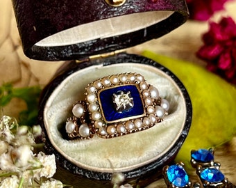Antique georgian blue enamel ring with old single cut and pearl halo, celestial ring