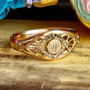 Victorian Monogram Bangle: Gold Filled Rhinestone Bracelet