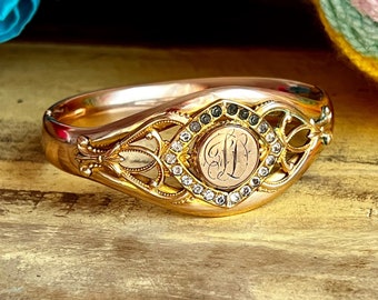 Late Victorian SD/JD/ID Monogram Bangle with Rhinestones, Antique Victorian Bracelet with initials and strass
