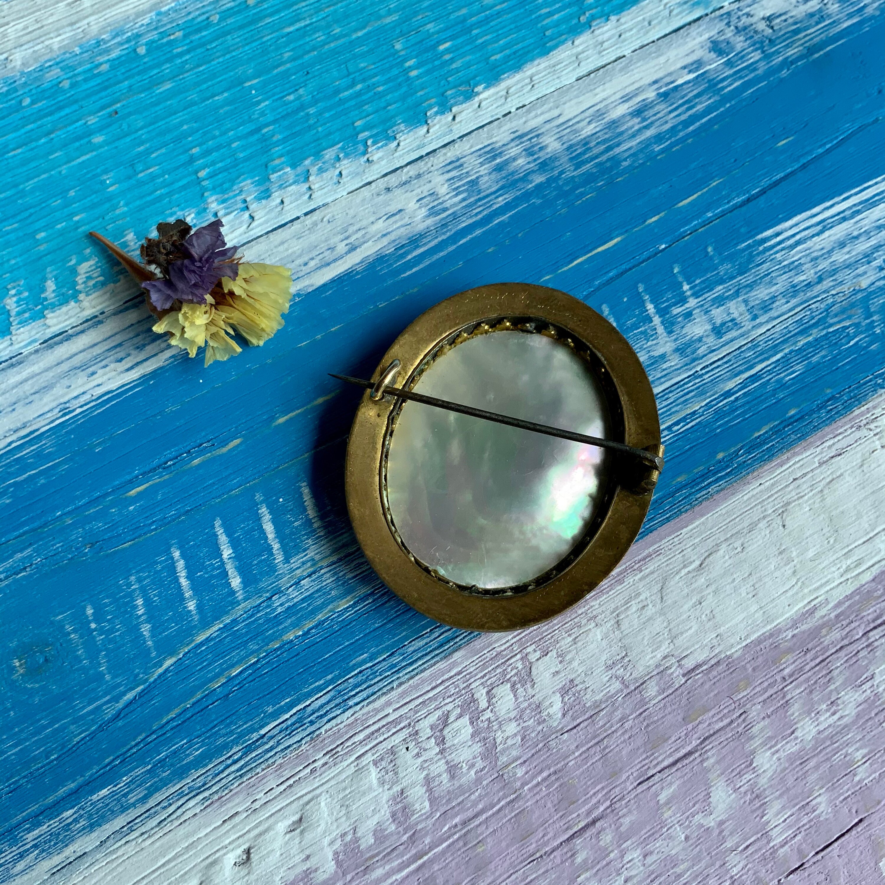 Broche Circulaire Ancienne - Broderie Miniature D'une Femme Victorienne Dans Un Jardin, Vintage