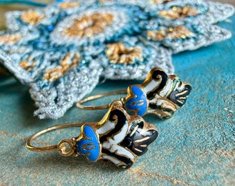 Pendientes georgianos antiguos con esmalte, negro, blanco y azul, día y noche, pendientes pequeños