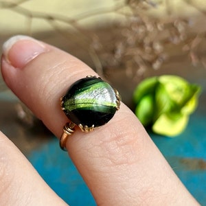 Antique French dichroic green glass ring, peacock ring, green eye ring