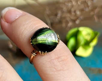 Antique French dichroic green glass ring, peacock ring, green eye ring