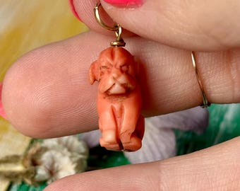 May include: A small, coral-colored dog charm suspended from a gold hoop earring. The dog is carved with detailed features, including a furrowed brow and a slightly open mouth. The earring is held between fingers with bright pink nail polish.