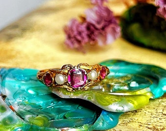 Antique Victorian garnet and pearls ring, stackable band, 1864