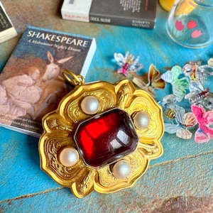 Victorian cabochon garnet and pearls sentimental brooch and pendant, mourning, hairwork,