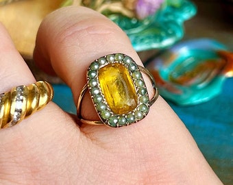 Antique Georgian yellow paste and pearl seeds ring, Georgian citrine, Georgian pearls