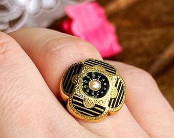 Antique button ring with black enamel, geometric motif and split pearl seed