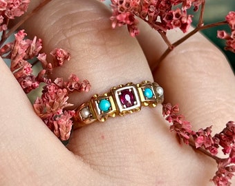 Antique Victorian band with pearls, turquoises and a ruby, stackable band