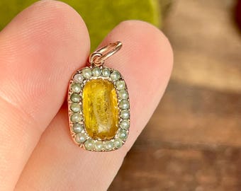 Antique Georgian Citrine Paste Pendant: Gold  Pearl Seeds