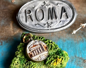 Antique Italian micromosaic charm, antique Roman temple, micromosaic pendant, Grand Tour souvenir
